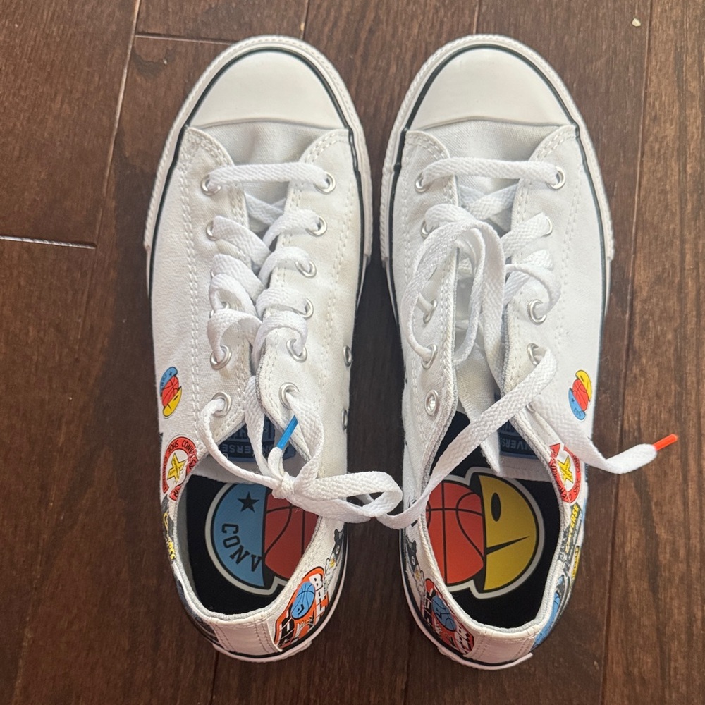 Converse White Kids Low-Top Sneakers with Colorful Sticker Accents